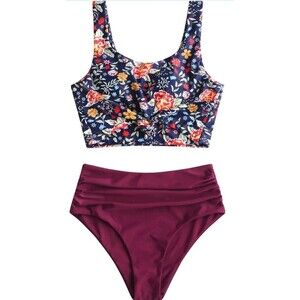 ZAFUL High Waisted Bikini Sets 2 Piece Swimsuit for Women Scoop Neck Knotted